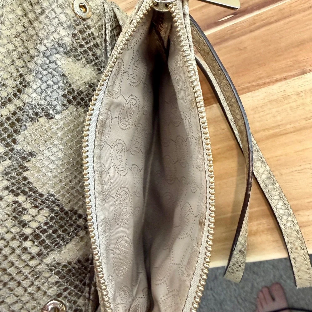 Michael Kors Snakeskin Embossed Leather Crossbody Bag Gold MK Logo Beige Tan